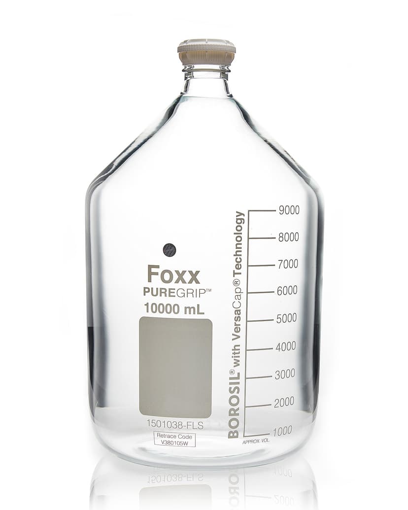 PUREGRIP® Reusable Round Glass Media Storage Bottles with GL45 VersaCap, Pouring Ring, and Extra Large Marking Spot, 10 L (10,000 mL), 1/EA