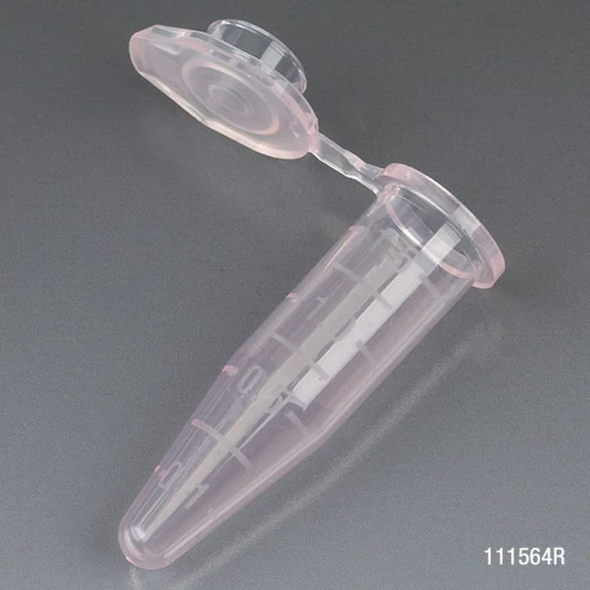 Microcentrifuge Tube, 1.5mL, PP, Attached Snap Cap, Graduated, Red, Certified: Rnase, Dnase and Pyrogen Free, 500/Stand Up Zip Lock Bag