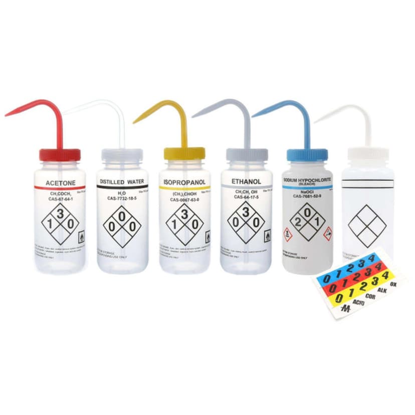 Wash Bottles Safety Labeled, Self Venting, Wide Mouth, 500mL, Ethanol, Clear/White
