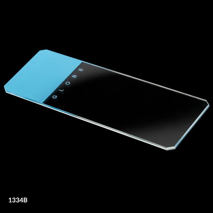 Microscope Slides, Glass, 25 x 75mm, 45° Beveled Edges, Clipped Corners, Blue Frosted, 72/Box, 2 Boxes/Case (1 Gross)