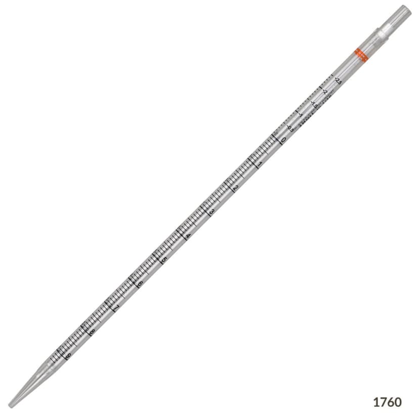 Serological Pipette, 10mL, PS, Standard Tip, 345mm, STERILE, Orange Band, Individually Wrapped, 200/Dispenser Box