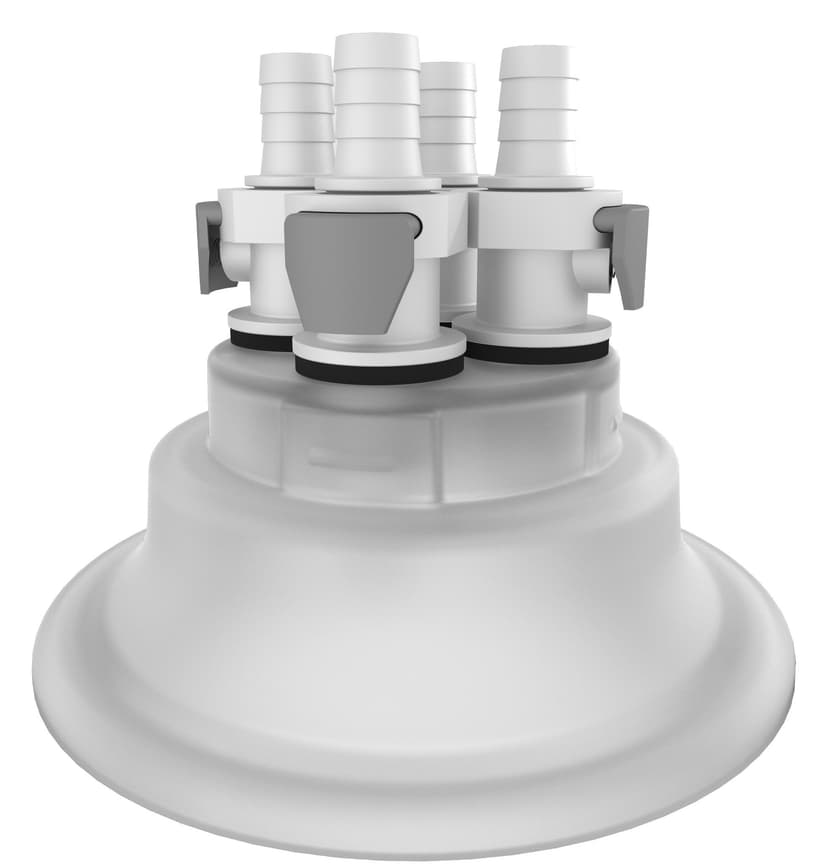 VersaCap 120 mm Wide Mouth Carboy Adapter, Tangle Free Quick Connect Adapter, Four (4 X) 3/8 Inch Detachable Hose Barbs for 1/4 Inch ID Tubing, for use with VersaCap 120 mm Open Cap, 1/EA