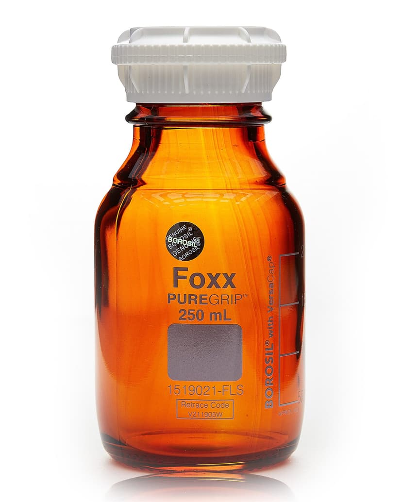 PUREGRIP® Reusable Amber Light-Blocking Round Glass Media Storage Bottles with GL45 VersaCap, Pouring Ring, and Extra Large Marking Spot, 250 mL, 10/CS