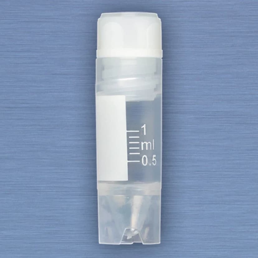 CryoCLEAR vials, 1.0mL, STERILE, Internal Threads, Attached Screwcap with Co-Molded Thermoplastic Elastomer (TPE) Sealing Layer, Conical Bottom, Self-Standing, Printed Graduations, Writing Space and Barcode, 50/Bag, 10 Bags/Case