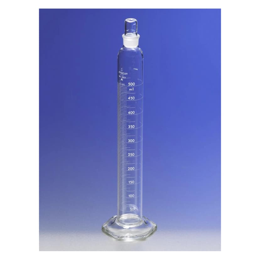 PYREX 250mL Single Metric Scale Cylinders, Serialized/Certified Class A, Standard Taper Stopper, White Graduations, TC