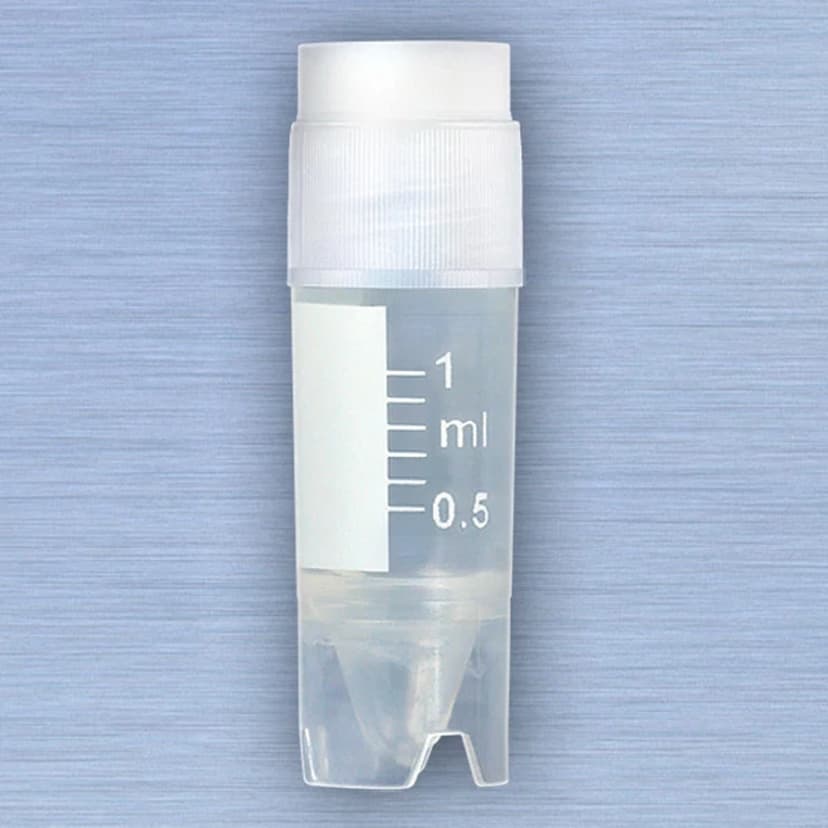 CryoCLEAR vials, 1.0mL, STERILE, External Threads, Attached Screwcap with Co-Molded Thermoplastic Elastomer (TPE) Sealing Layer, Conical Bottom, Self-Standing, Printed Graduations, Writing Space and Barcode, 50/Bag