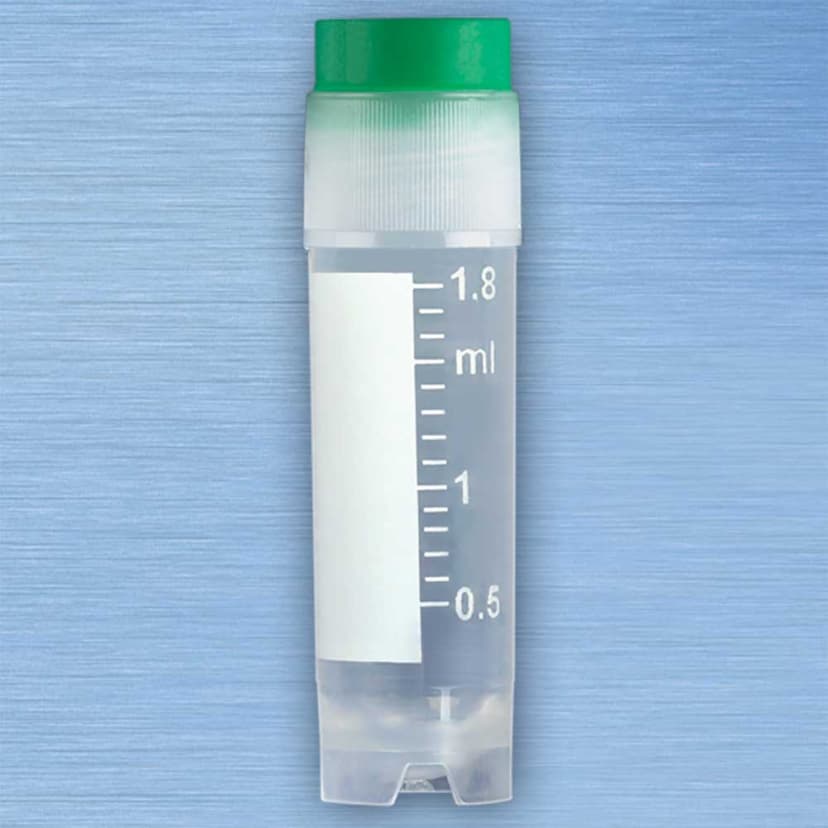 CryoCLEAR vials, 2.0mL, STERILE, External Threads, Assembled GREEN Screwcap with Co-Molded Thermoplastic Elastomer (TPE) Sealing Layer, Round Bottom, Self-Standing, Printed Graduations, Writing Space and Barcode, 50/Bag, 10 Bags/Case