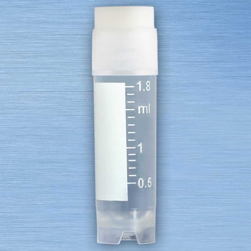 CryoCLEAR vials, 2.0mL, STERILE, External Threads, Assembled WHITE Screwcap with Co-Molded Thermoplastic Elastomer (TPE) Sealing Layer, Round Bottom, Self-Standing, Printed Graduations, Writing Space and Barcode, 50/Bag, 10 Bags/Case