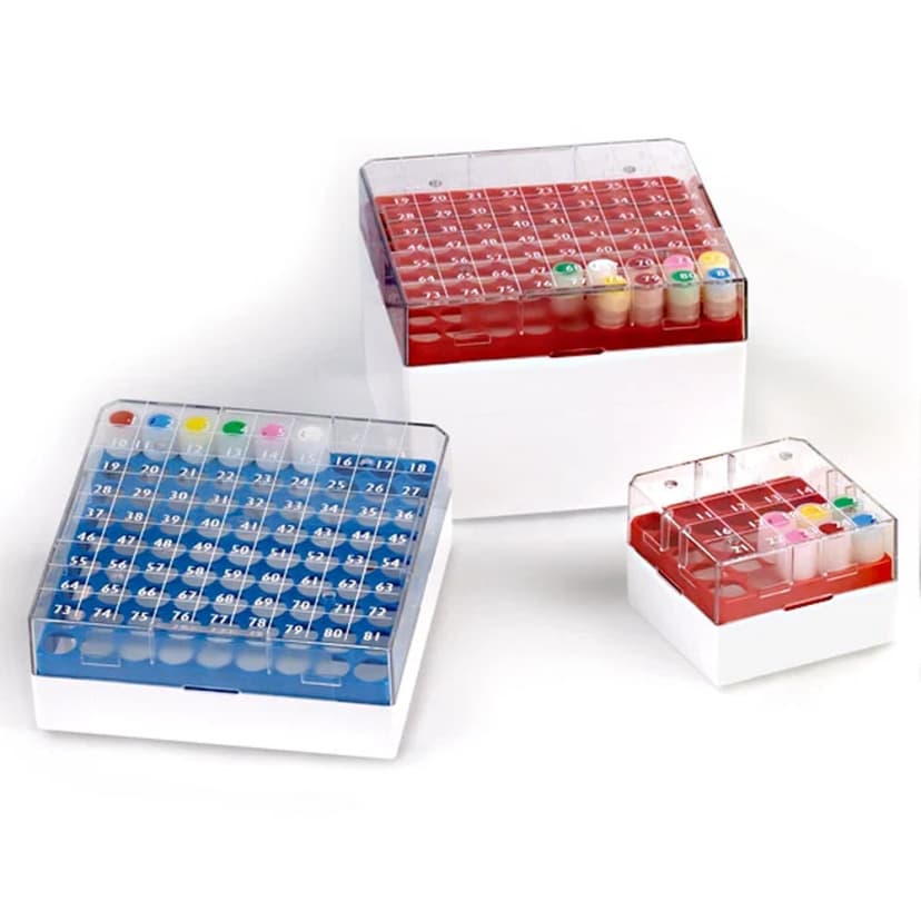 BioBOX 81, for 3.0mL, 4.0mL and 5.0mL CryoCLEAR vials, Polycarbonate (PC), Holds 81 vials (9x9 format), Printed Lid, Pack Includes a CryoClear Tube Picker, BLUE