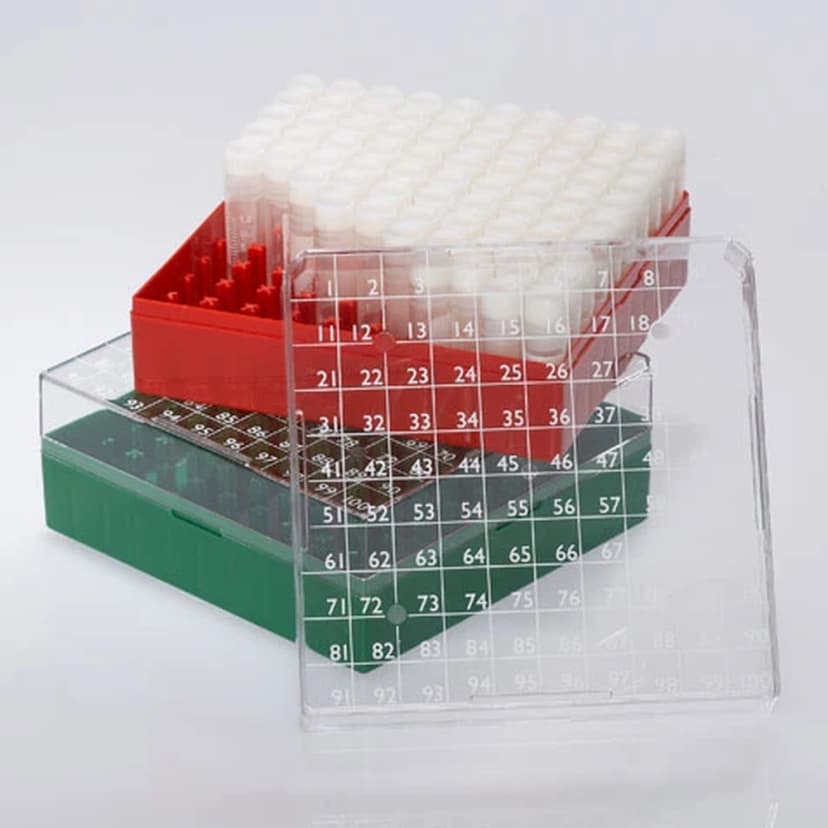 BioBOX 100, for 1.0mL and 2.0mL Internal Threaded CryoCLEAR vials, Polycarbonate (PC), Holds 100 vials (10x10 format), Printed Lid, Pack Includes a CryoClear Tube Picker, YELLOW