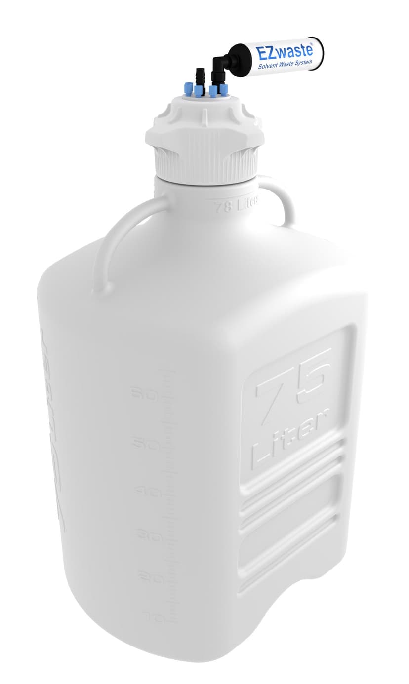 EZwaste® XL HPLC Solvent Waste System, 75 L HDPE Reusable Carboy, 120 mm VersaCap with Six (6x) Ports for 1/8 Inch, One (1x) HB O.D. Tubing; & Filter, 1/EA