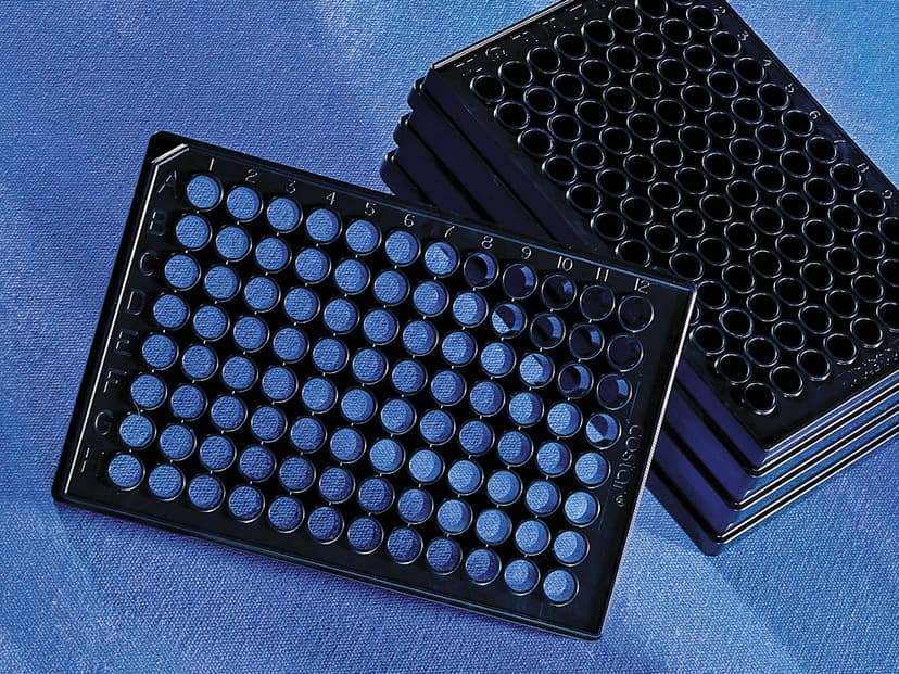 96-well Black/Clear Flat Bottom Microplate
w/LE Lid, CellBIND Surface, Bar Coded
Polystyrene, Nonpyrogenic
