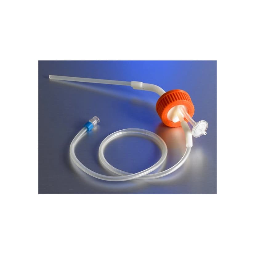 Disposable GL45 Aseptic Transfer Cap for 3L Plastic Spinner Flask, 1/8" Dip Tube, 0.2m Vent, Male Luer Lock, Sterile