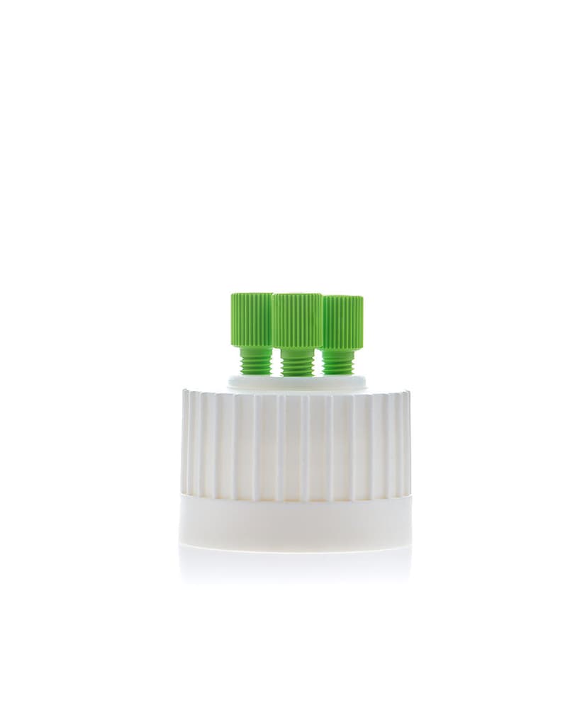ChromCap100 HPLC Cap Assy, 38-430, Adapter w Vent Hole, Three (3x) Ports3.2mm (1/8") or 1.6 mm (1/16"), OD Tubing, 1/EA