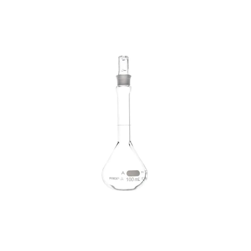 PYREX 100mL EZ Access Wide Mouth Volumetric Flask, Class A, Heavy Duty, with Glass Standard Taper Stopper