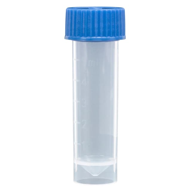 Transport Tube, 5mL, with Separate Blue Screw Cap, PP, Conical Bottom, Self-Standing, Molded Graduations