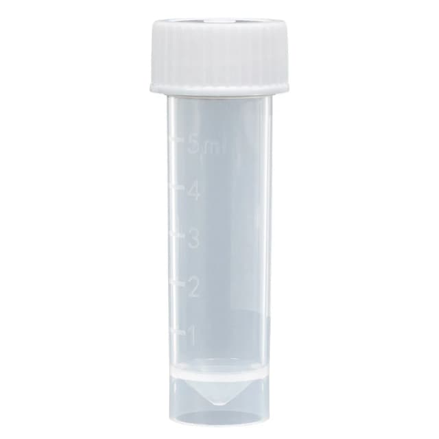 Transport Tube, 5mL, with Attached White Screw Cap, STERILE, PP, Conical Bottom, Self-Standing, Molded Graduations, 25/Bag