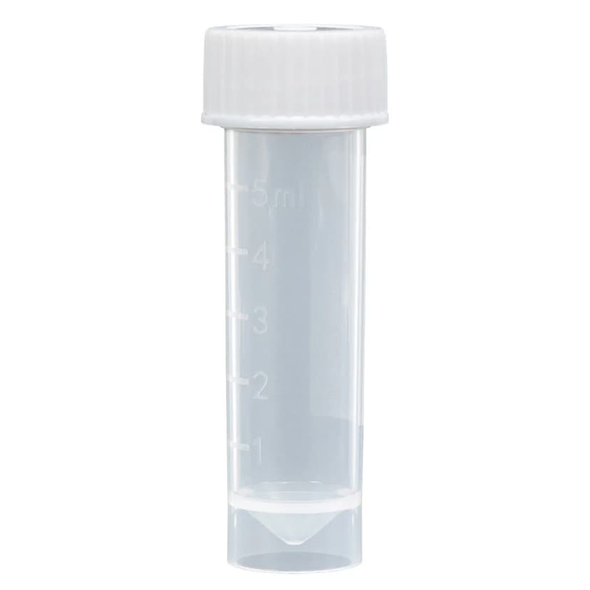 Transport Tube, 5mL, with Attached White Screw Cap, STERILE, PP, Conical Bottom, Self-Standing, Molded Graduations, 25/Bag