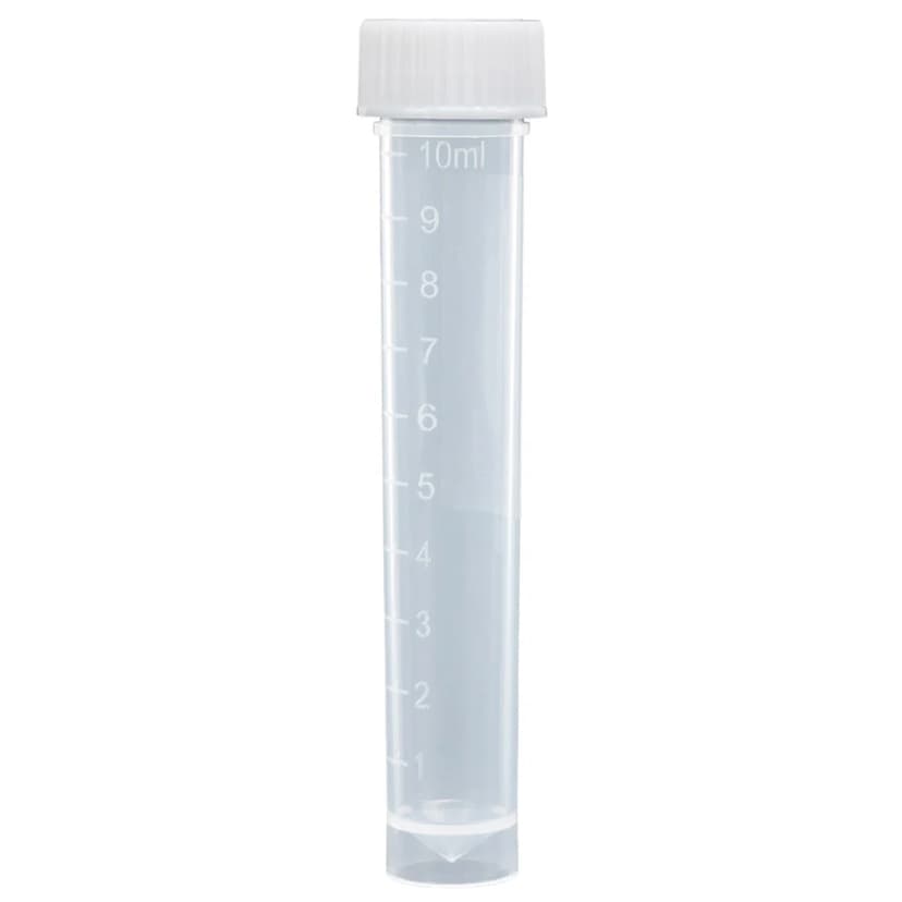 Transport Tube, 10mL, with Separate White Screw Cap, PP, Conical Bottom, Self-Standing, Molded Graduations