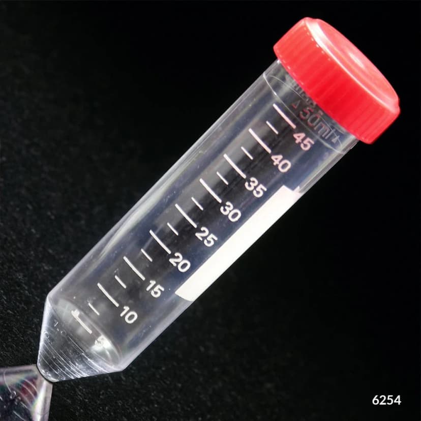 Centrifuge Tube, 50mL, with Attached Red Screw Cap, PS, Printed Graduations, STERILE, 25/Bag, 20 Bags/Unit