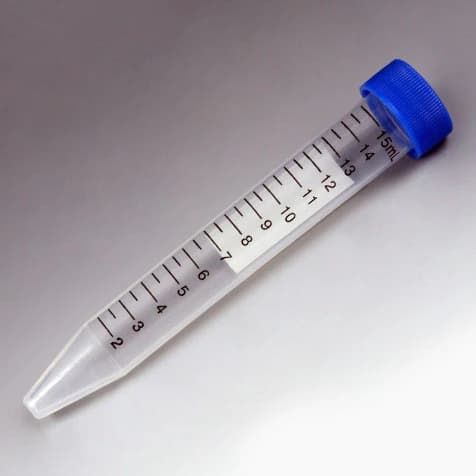 Centrifuge Tube, 15mL, Attached Blue Flat Top Screw Cap, PP, Printed Graduations, STERILE, Racked. 50/Rack, 10 Racks/Case