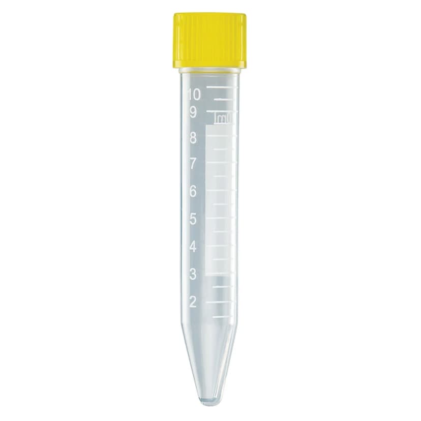 Centrifuge Tube, 10mL, with Attached Yellow PP Screw Cap, PP, Printed Graduations, STERILE, 100/Bag, 10 Bags/Unit