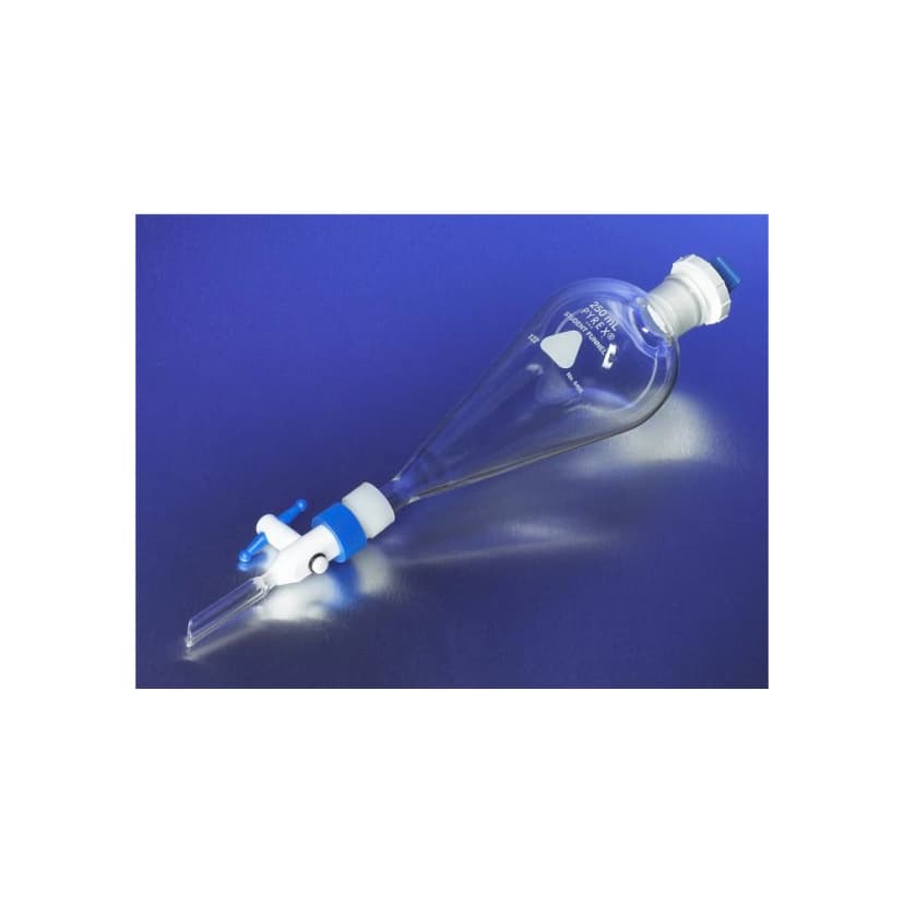 PYREX 500mL Economy Squibb Separatory Funnel, Polyethylene Standard Taper Stopper, Replaceable Product Standard PTFE Stopcock