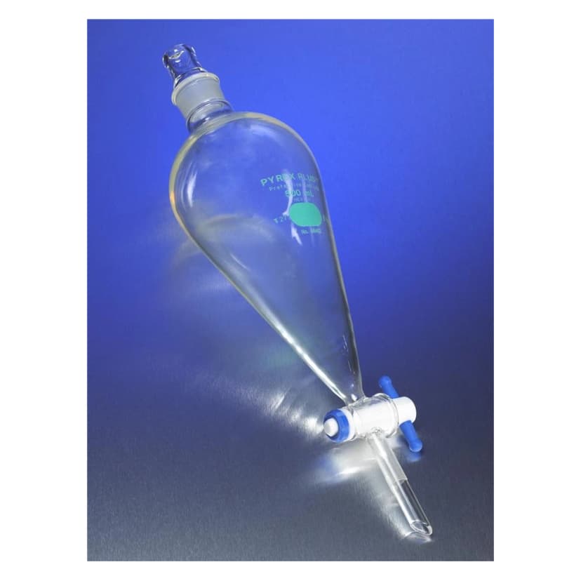 PYREXPLUS Coated 1L Squibb Separatory Funnel, PTFE Product Standard Stopcock, Glass Standard Taper Stopper
