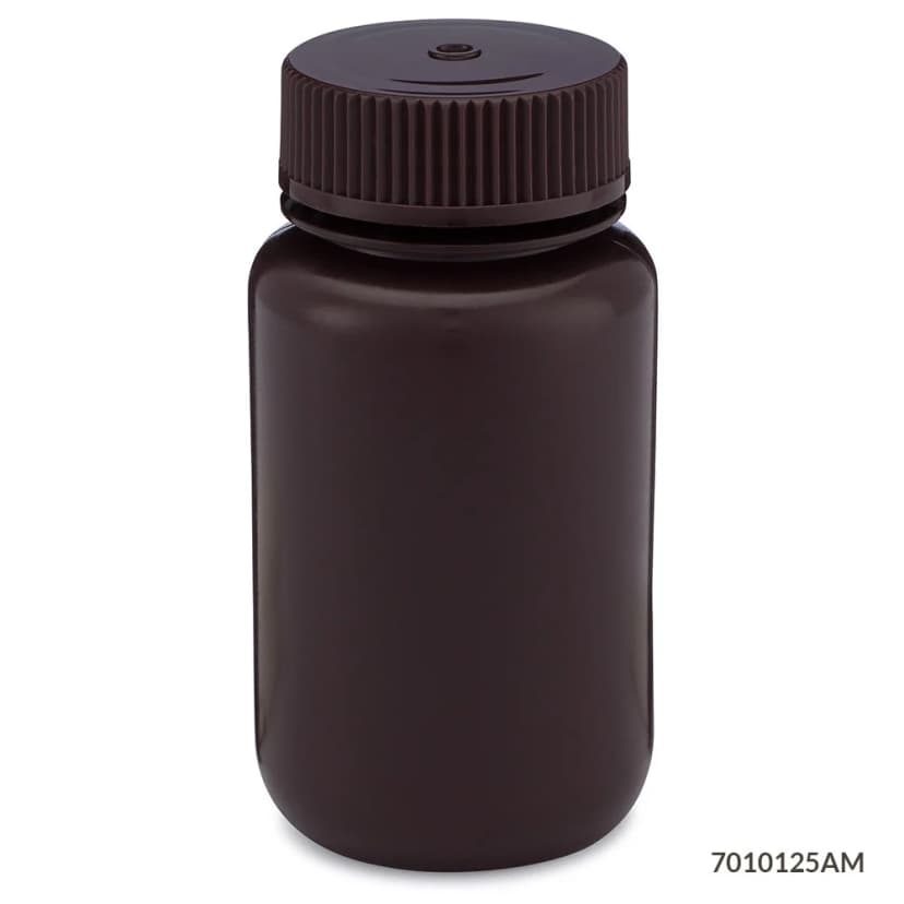 Bottle, Wide Mouth, HDPE Bottle, Attached PP Screw Cap, Amber, 125mL, 12/Pack