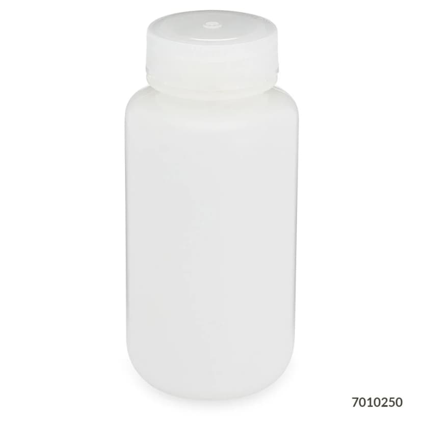 Bottle, Wide Mouth, HDPE Bottle, Attached PP Screw Cap, 250mL, 12/Pack