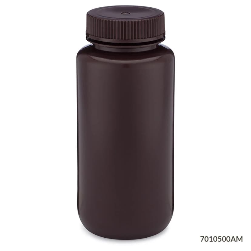 Bottle, Wide Mouth, HDPE Bottle, Attached PP Screw Cap, Amber, 500mL, 12/Pack