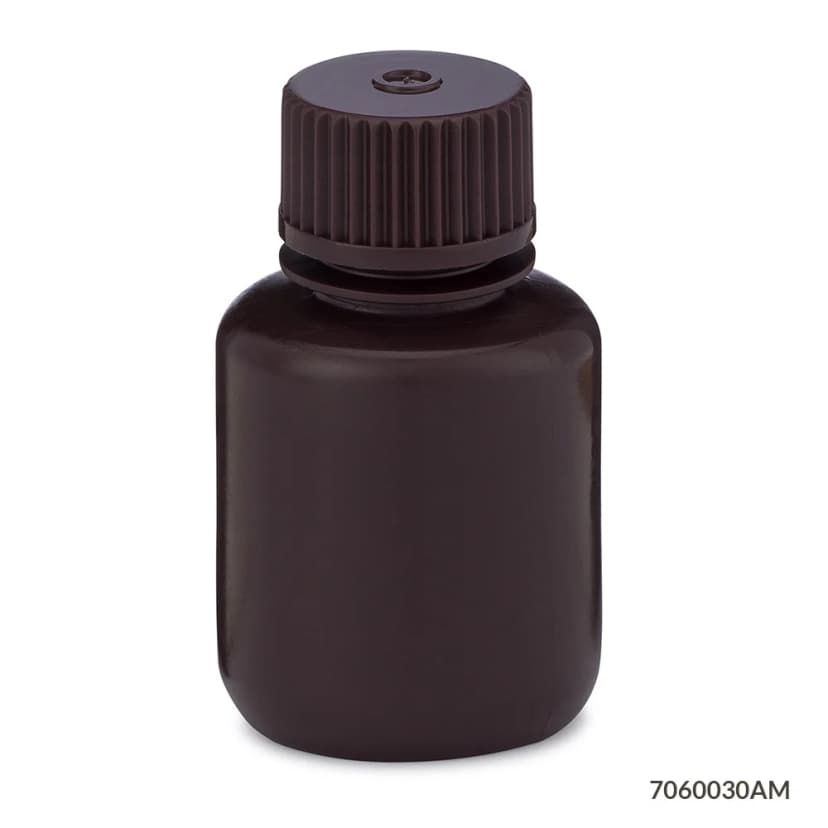 Bottle, Narrow Mouth, HDPE Bottle, Attached PP Screw Cap, Amber, 30mL, 12/Pack