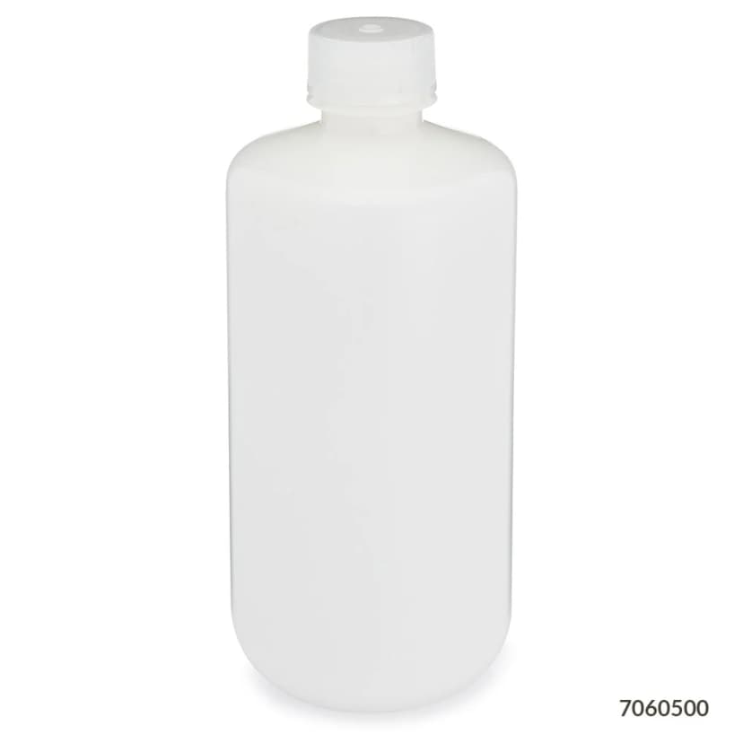 Bottle, Narrow Mouth, HDPE Bottle, Attached PP Screw Cap, 500mL, 12/Pack
