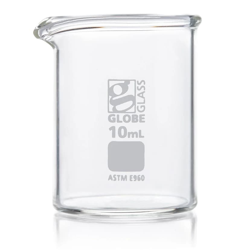 Beaker, Globe Glass, 10mL, Low Form Griffin Style, ASTM E960, 12/Box