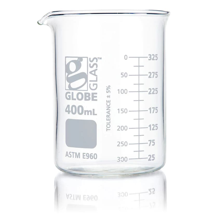 Beaker, Globe Glass, 400mL, Low Form Griffin Style, Dual Graduations, ASTM E960, 12/Box