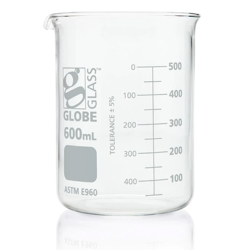 Beaker, Globe Glass, 600mL, Low Form Griffin Style, Dual Graduations, ASTM E960, 6/Box