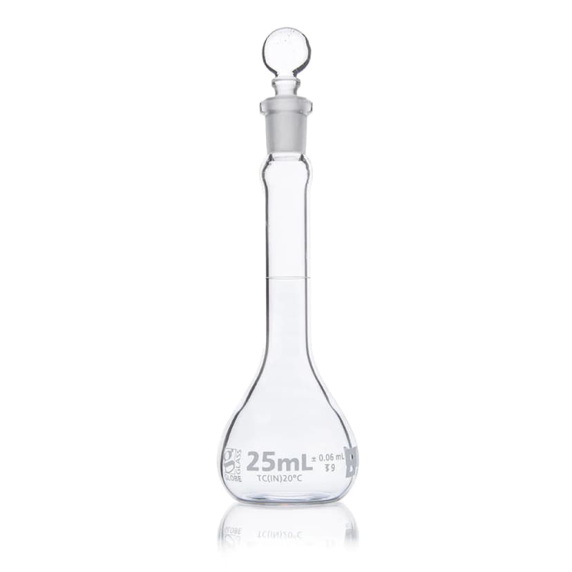 Flask, Volumetric , Globe Glass, 25mL, Class B, To Contain (TC), ASTME288, 6/Box