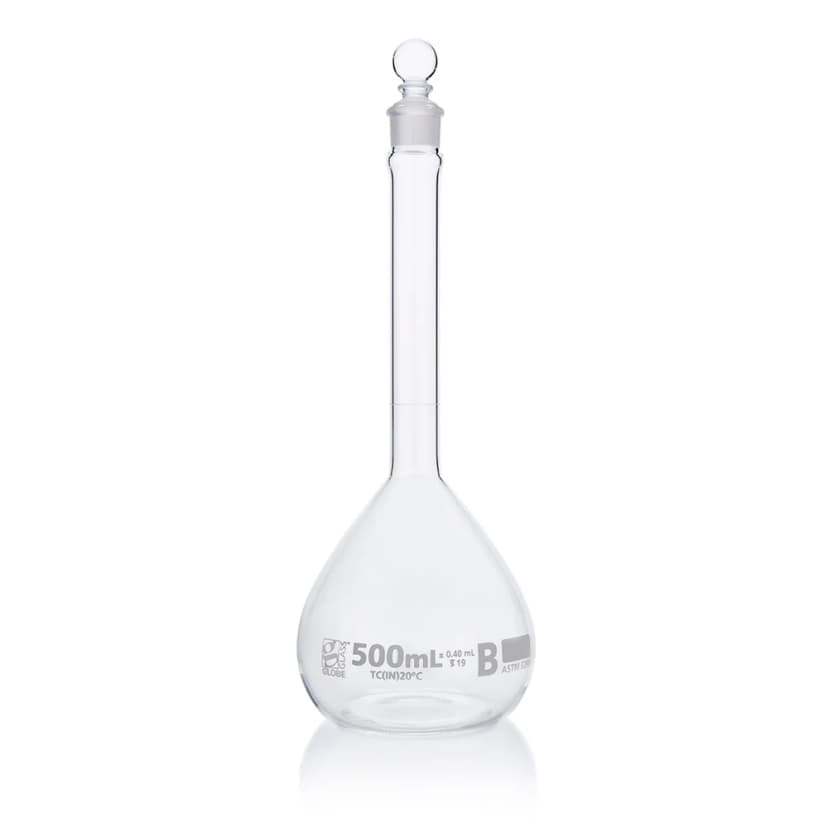Flask, Volumetric , Globe Glass, 500mL, Class B, To Contain (TC), ASTME288, 6/Box