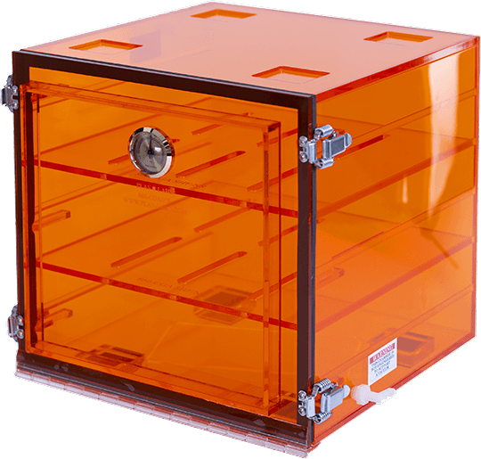 Amber Acrylic Desiccators, 12" x 12" x 12" with 2 Perforated Shelves