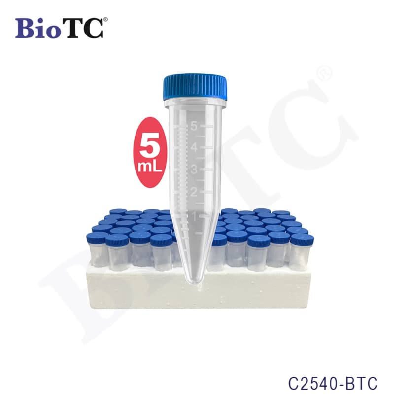 Sterile Five-O 5mL MacroTubes® w/ attached screw caps in foam racks