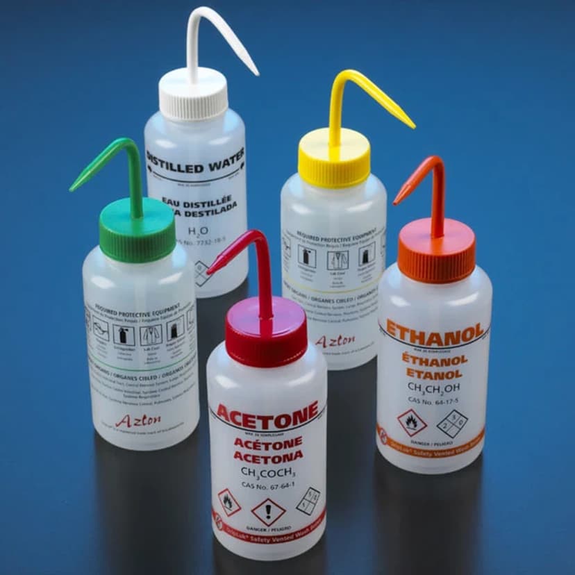 Wash bottle, Acetone, 500mL, LDPE,multi-lingual,vented,red, GHS Labeled