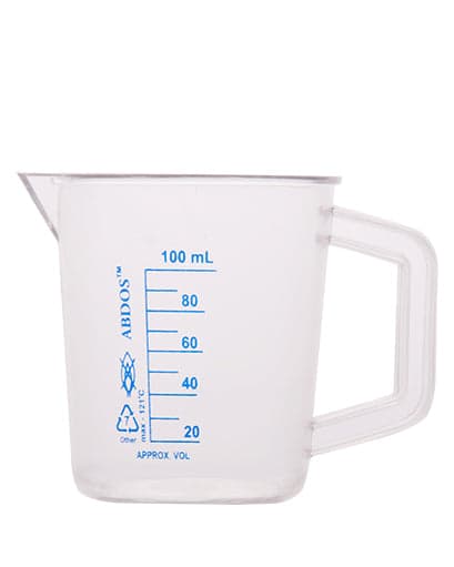 Abdos Printed Beakers with Handle, TPX Polymethyl Pentene (PMP) 100 mL, 6/CS