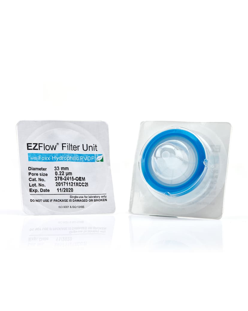 EZFlow® Sterile Hydrophilic PVDF Syringe Filters, 0.22 µm Sterilizing Membrane, 33 mm, 100/PK