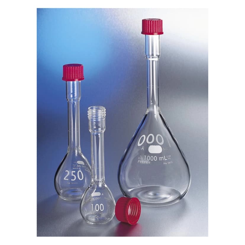 PYREX 50mL EZ Access Wide Mouth Volumetric Flask, TC, Class A, Heavy Duty, with GL32 Screw Cap