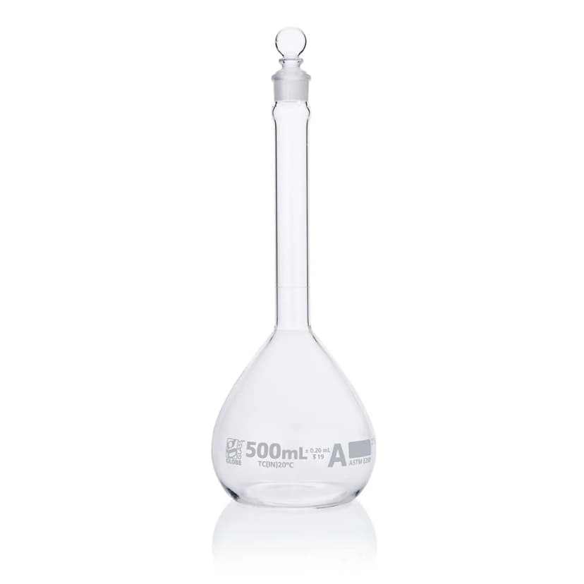 Flask, Volumetric , Globe Glass, 500mL, Class A, To Contain (TC), ASTM E288, 6/Box