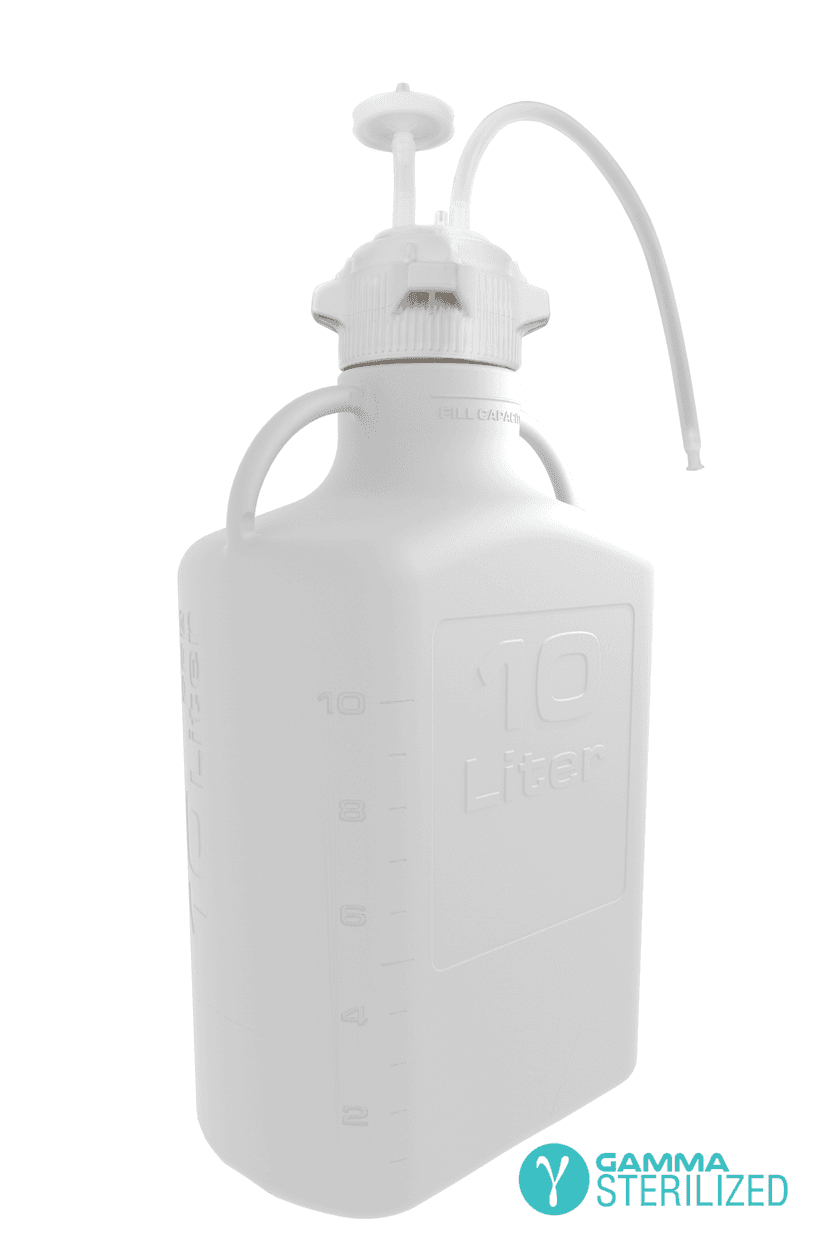 EZBio® Single Use Carboy Assembly, 40 L (10 Gal) Gamma Sterilized HDPE Carboy for Aseptic Transfer and Sterile Storage with VersaCap 120 mm, Vent and 1/4 in ID TPE Dip Tube, 1/EA
