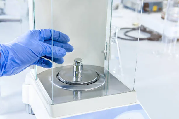 A operator's hand is holding steel calibration weight to place on the analytical balance. Concept of quality control in a laboratory.